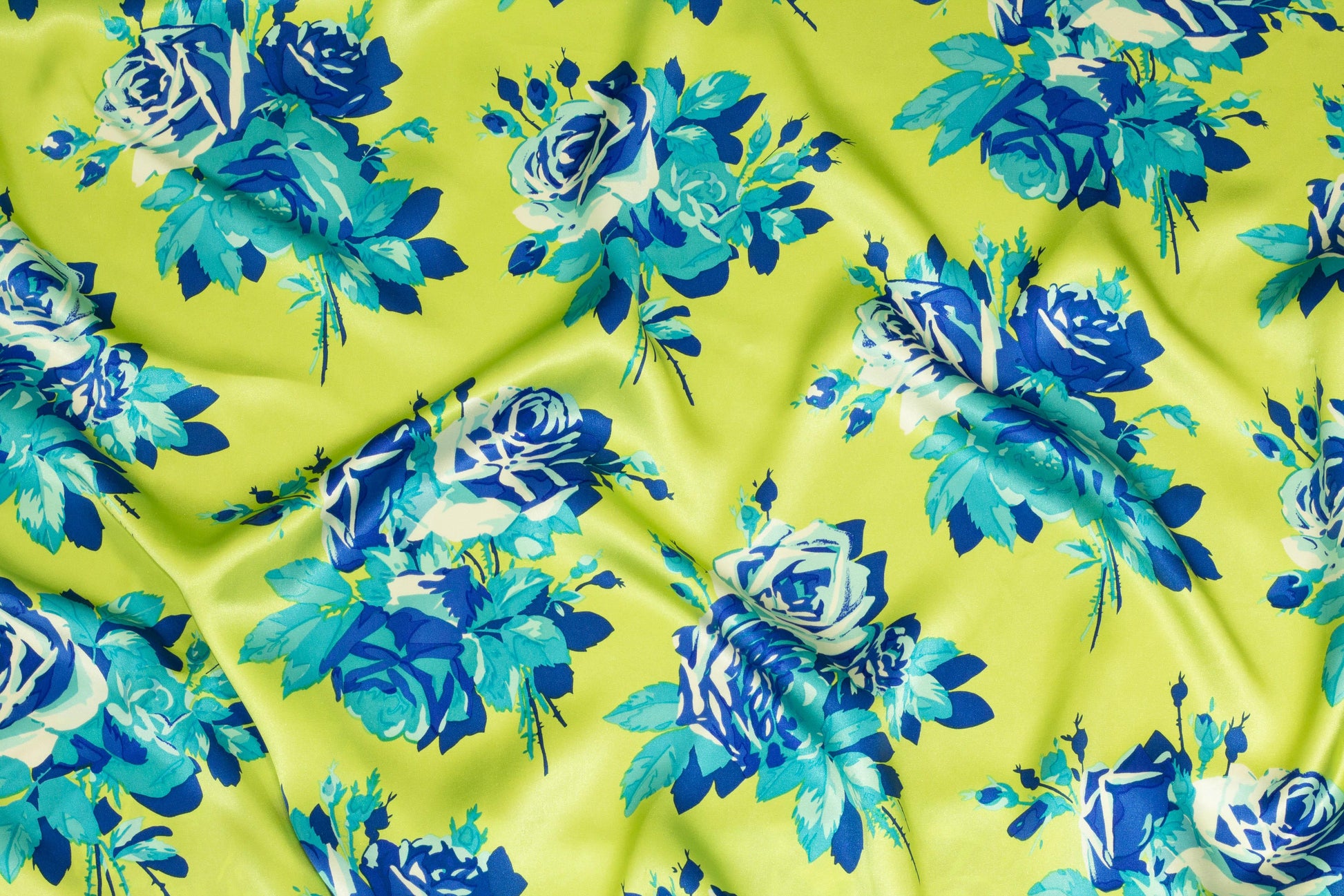 Green and Blue Floral Silk Charmeuse - Prime Fabrics