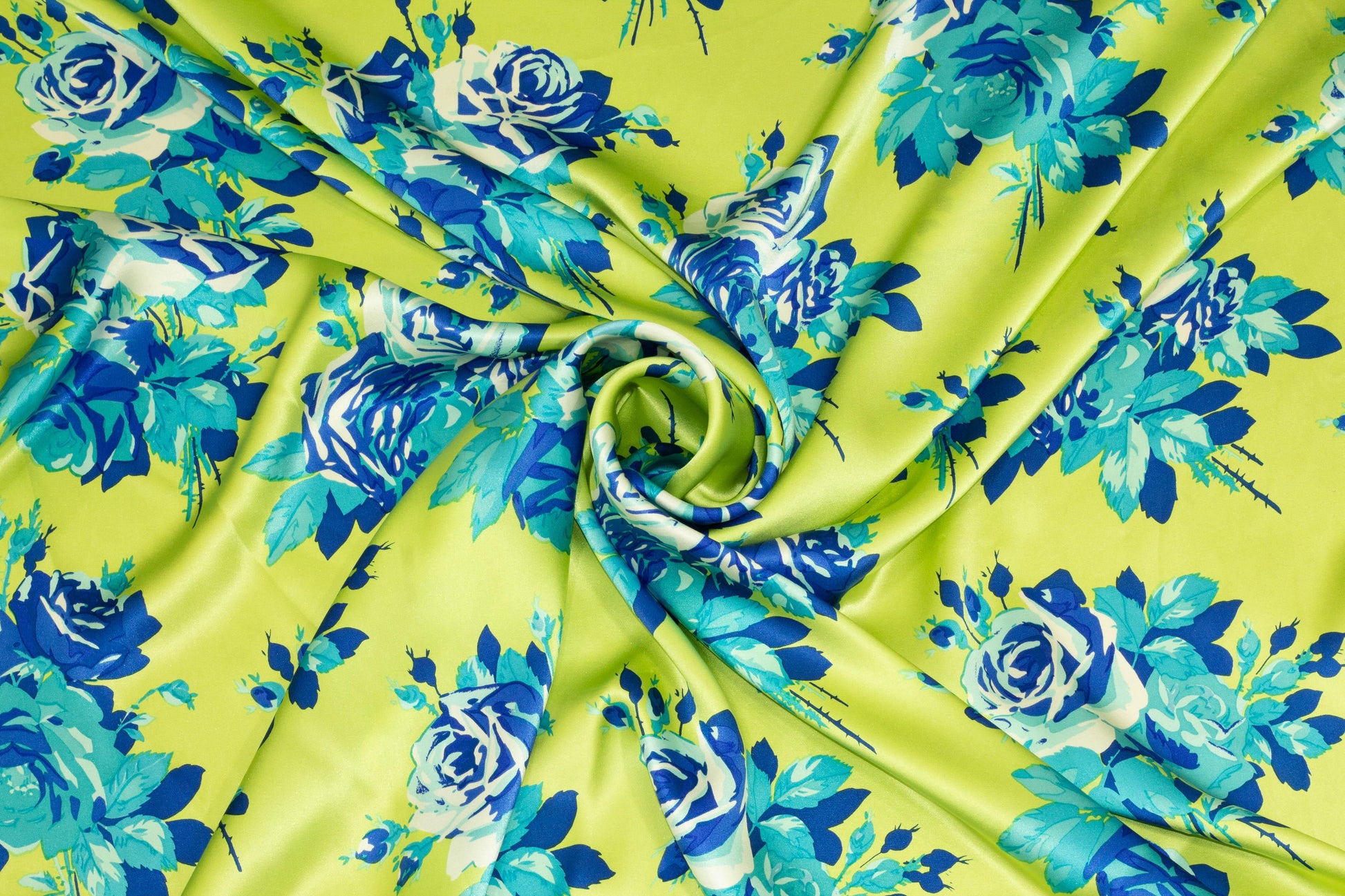 Green and Blue Floral Silk Charmeuse - Prime Fabrics