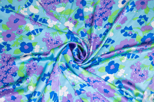 Purple, Blue and Green Floral Silk Charmeuse - Prime Fabrics