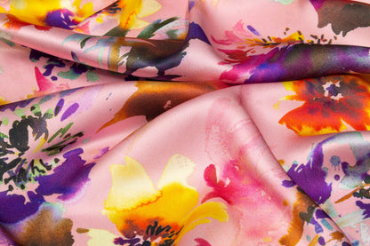 Watercolor Floral Tie-Dye Italian Silk Charmeuse - Pink Multicolor - Prime Fabrics