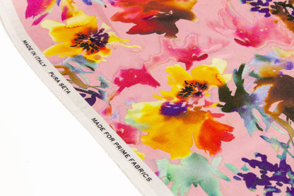 Watercolor Floral Tie-Dye Italian Silk Charmeuse - Pink Multicolor - Prime Fabrics
