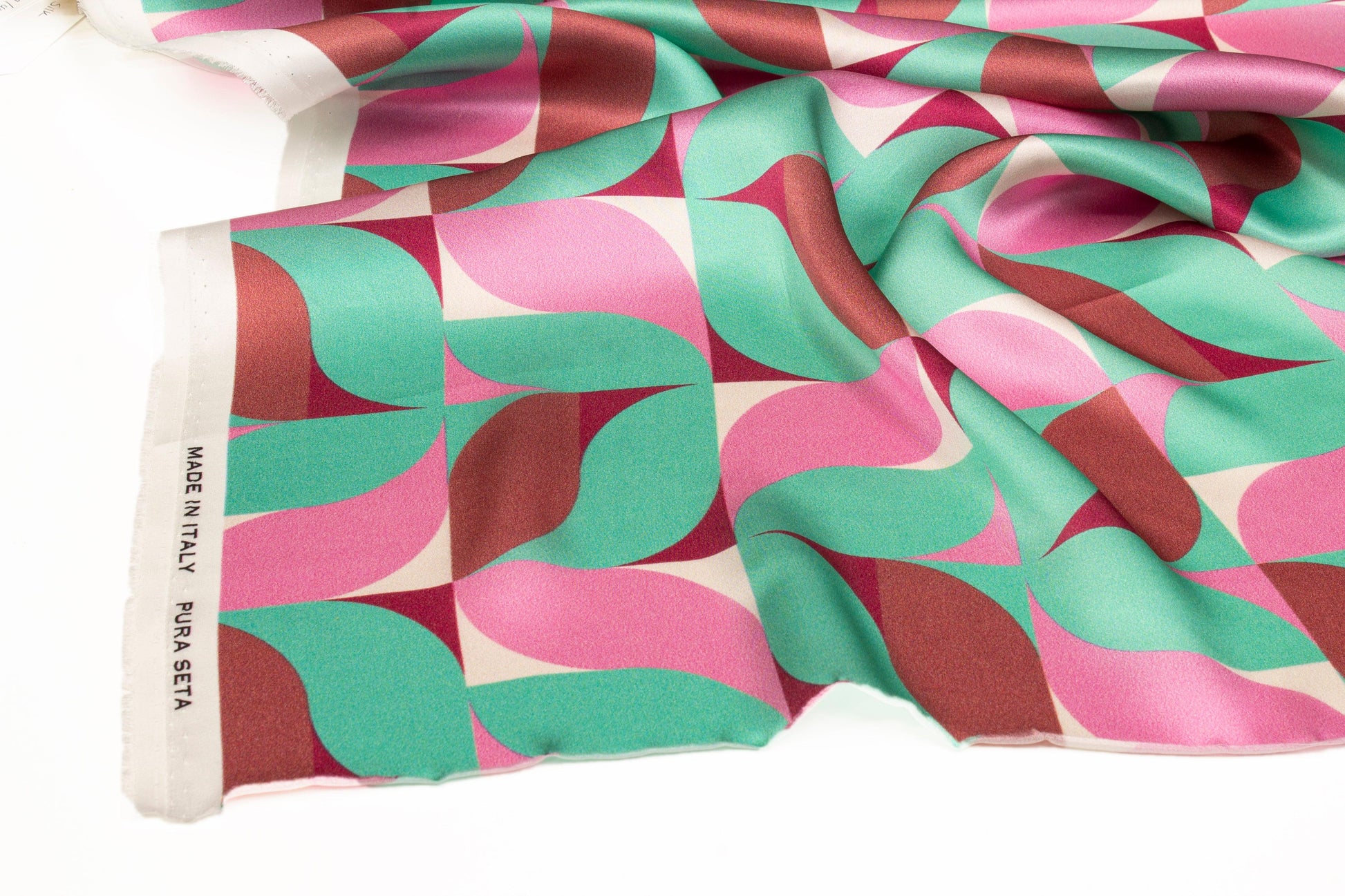 Geometric Italian Silk Charmeuse - Mint Green and Pink - Prime Fabrics