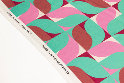 Geometric Italian Silk Charmeuse - Mint Green and Pink - Prime Fabrics