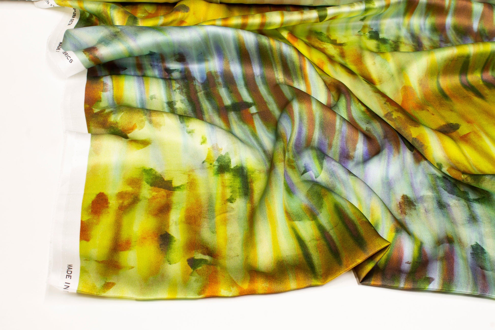 Abstract Watercolor Italian Silk Charmeuse - Yellow/Green - Prime Fabrics