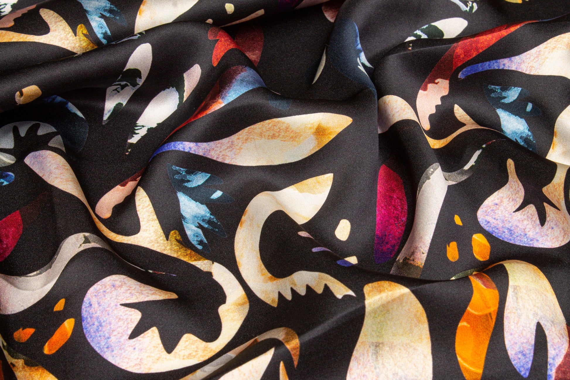 Abstract Italian Silk Charmeuse - Black - Prime Fabrics