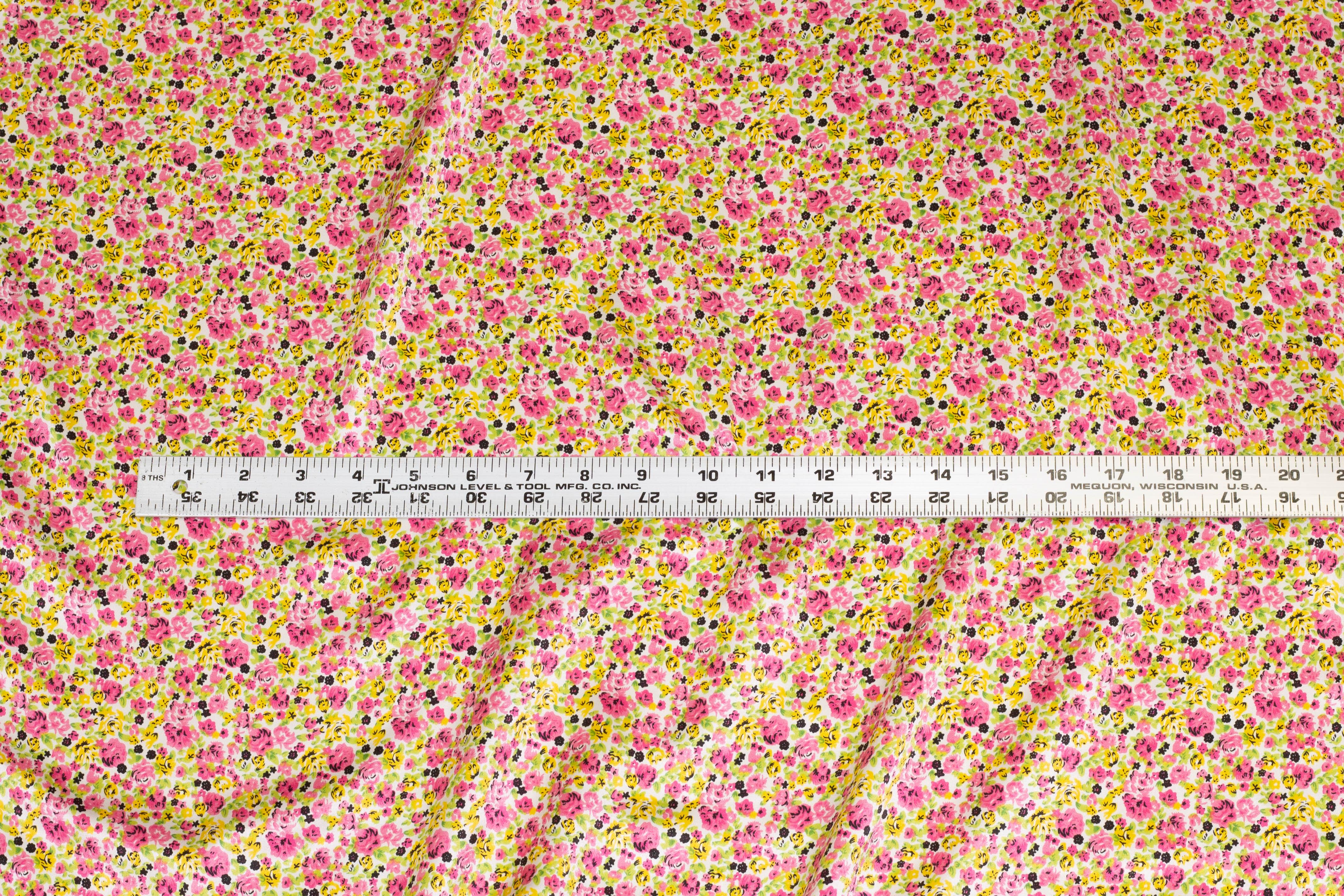Pink, Yellow and Green Ditsy Floral Silk Charmeuse - Prime Fabrics