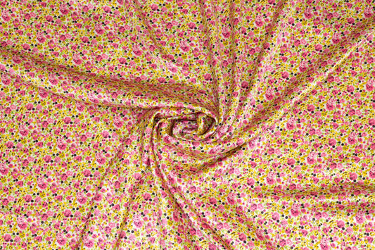 Pink, Yellow and Green Ditsy Floral Silk Charmeuse - Prime Fabrics