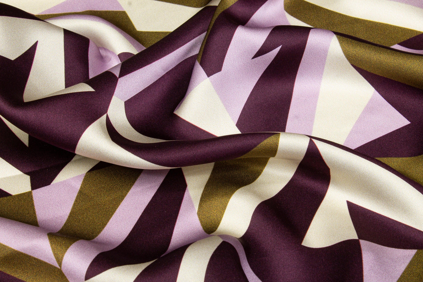 Geometric Italian Silk Charmeuse - Purple, Olive Green - Prime Fabrics