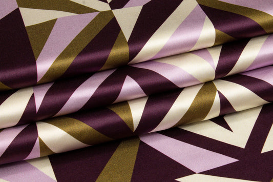 Geometric Italian Silk Charmeuse - Purple, Olive Green - Prime Fabrics