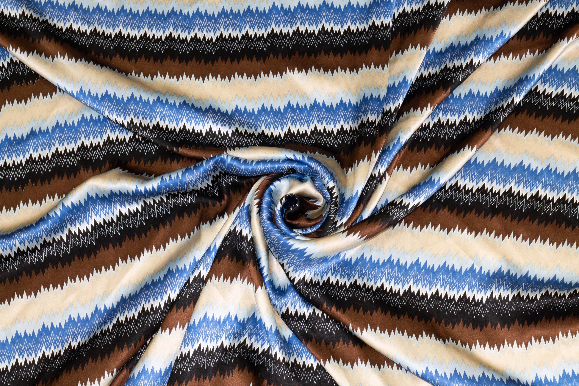 Blue, Beige and Brown Striped Silk Charmeuse - Prime Fabrics