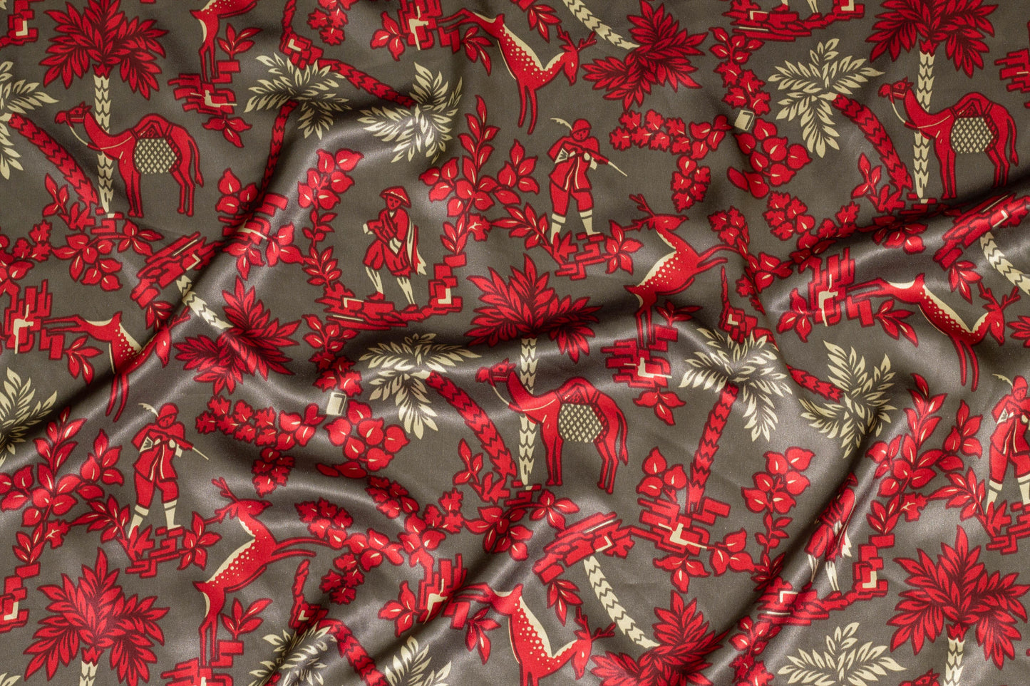 Red and Gray Floral and Animal Print Silk Charmeuse - Prime Fabrics