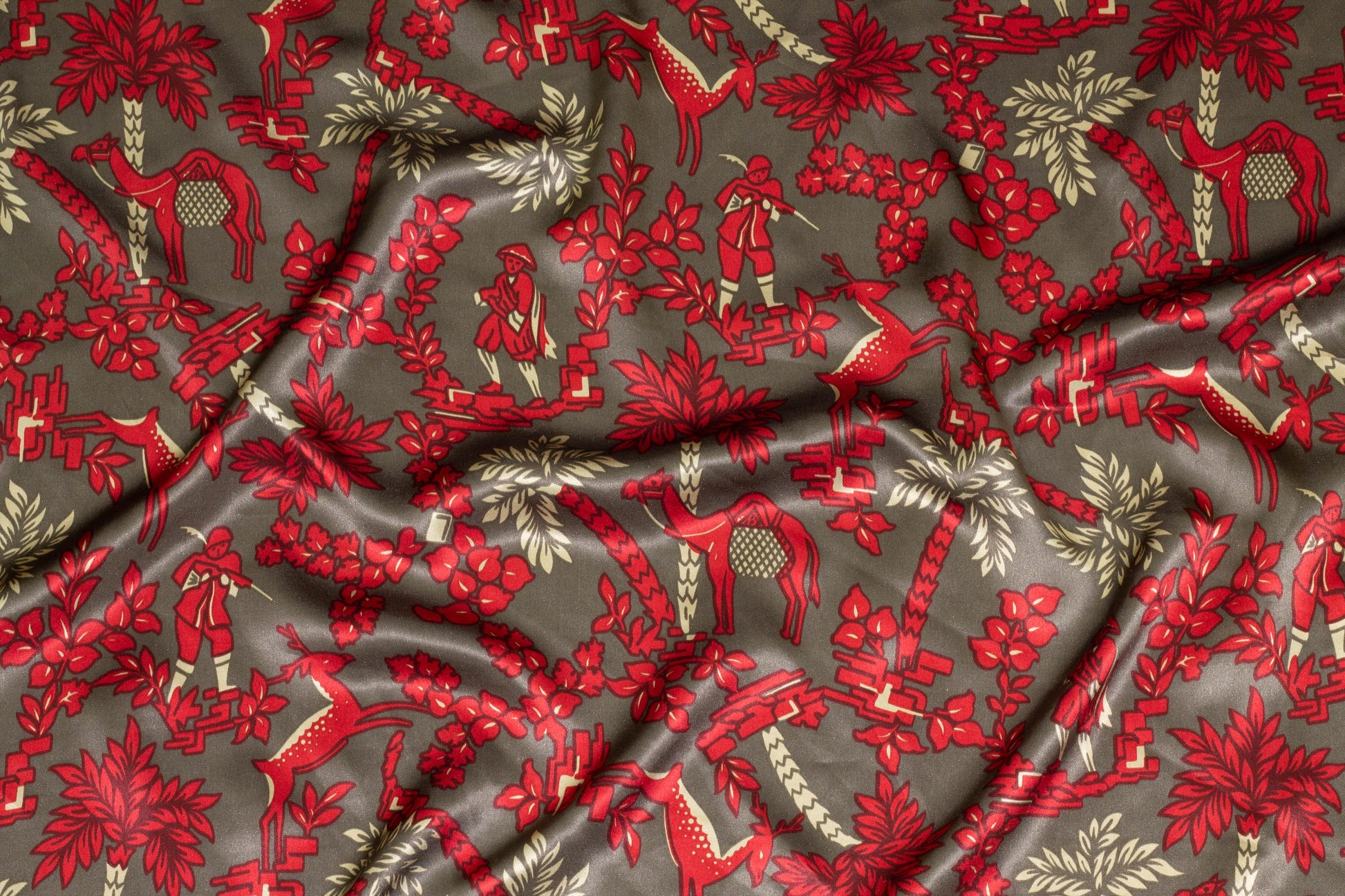 Red and Gray Floral and Animal Print Silk Charmeuse - Prime Fabrics