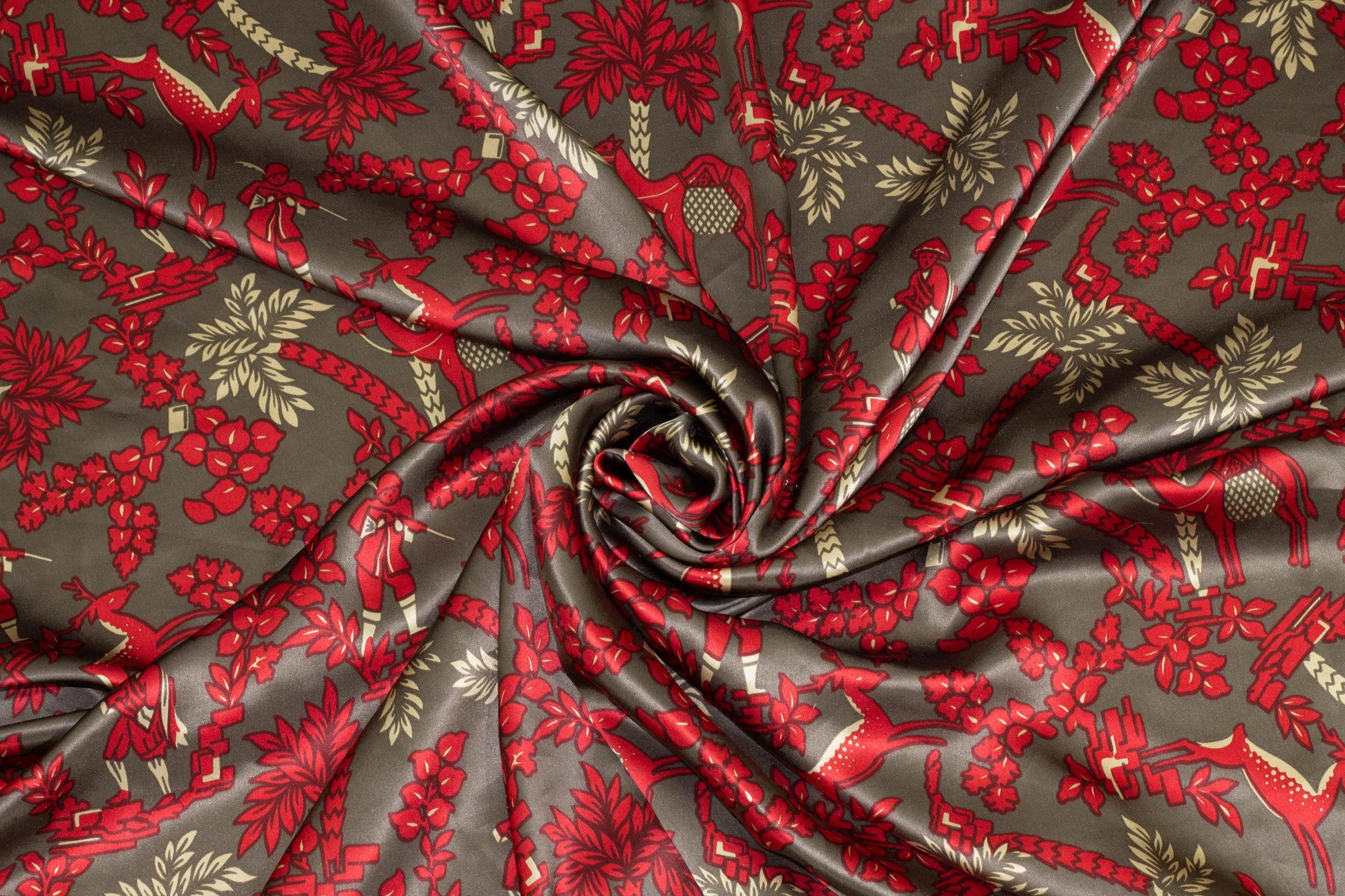 Red and Gray Floral and Animal Print Silk Charmeuse - Prime Fabrics