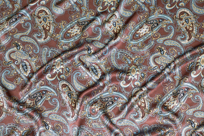 Brown and Blue Paisley Silk Charmeuse - Prime Fabrics