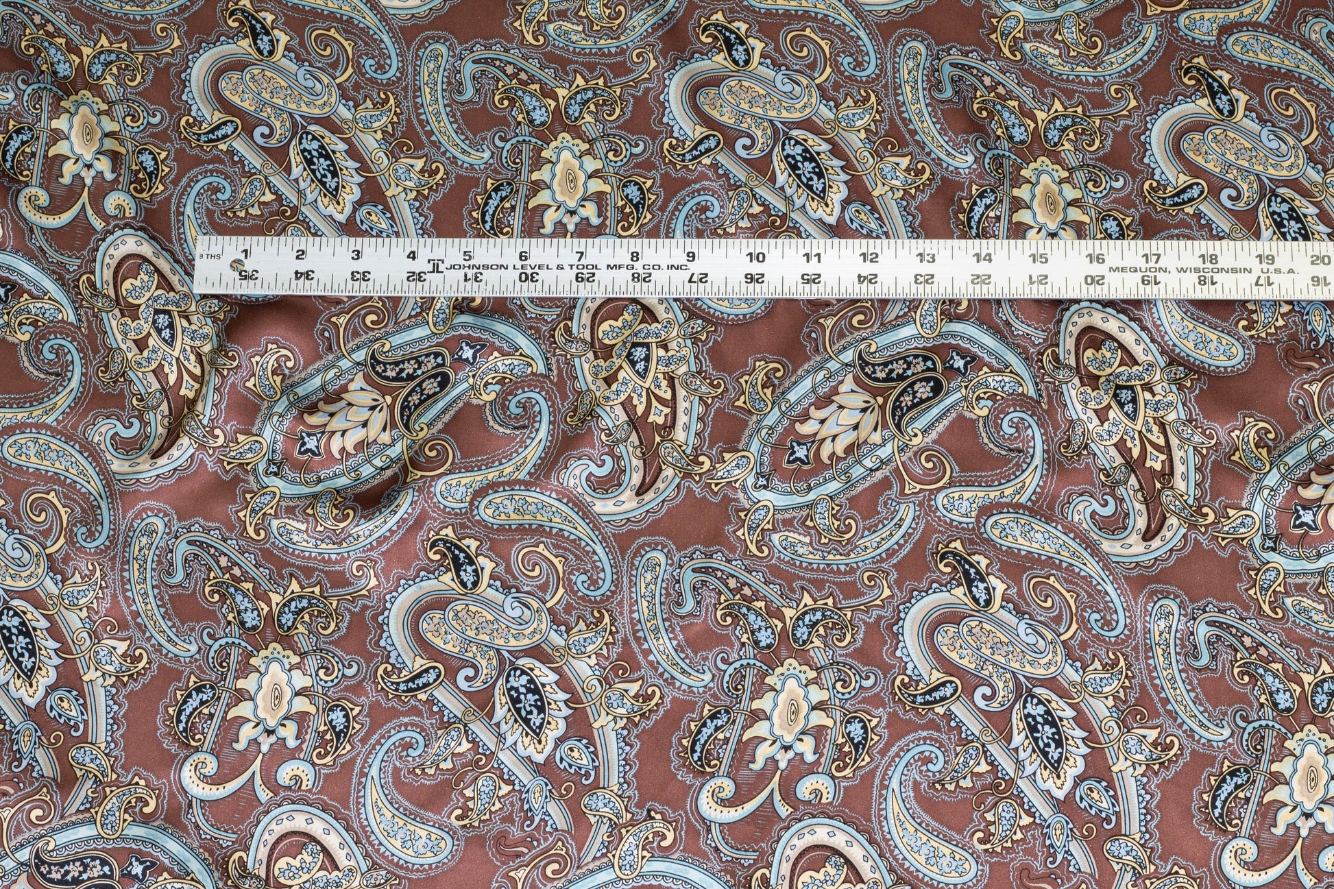 Brown and Blue Paisley Silk Charmeuse - Prime Fabrics