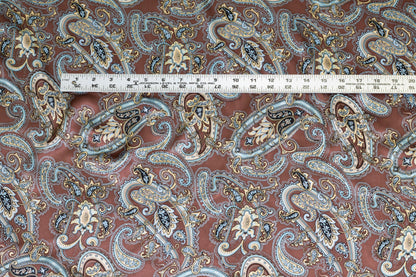 Brown and Blue Paisley Silk Charmeuse - Prime Fabrics