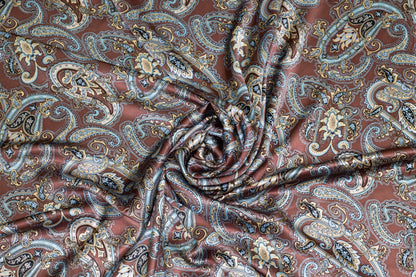 Brown and Blue Paisley Silk Charmeuse - Prime Fabrics