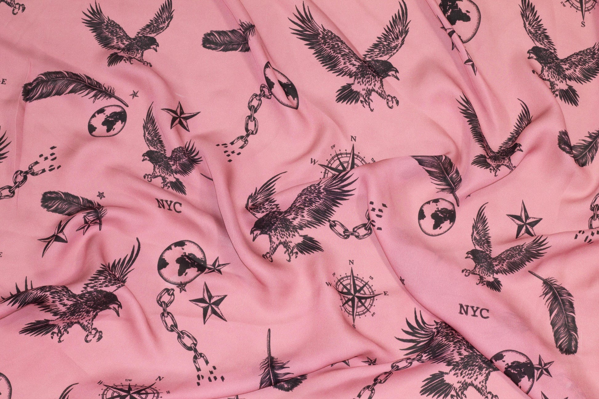 Pink and Black Hawk Print Crepe De Chine Silk - Prime Fabrics