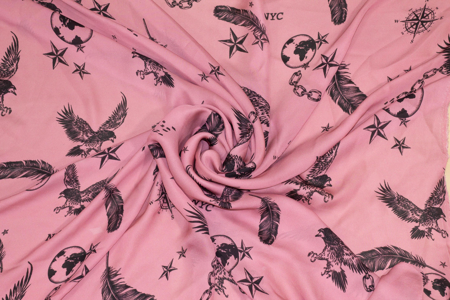 Pink and Black Hawk Print Crepe De Chine Silk - Prime Fabrics