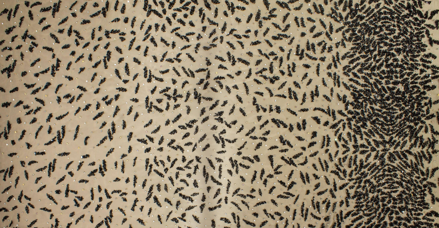 Hand Beaded and Sequined Mesh - Black and Beige - Prime Fabrics