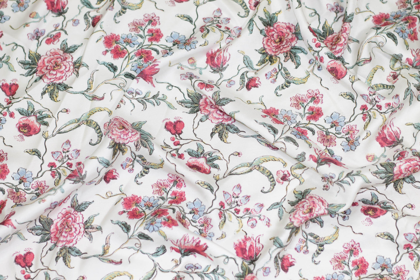 Floral Silk Charmeuse - Red, Green, Blue, White - Prime Fabrics