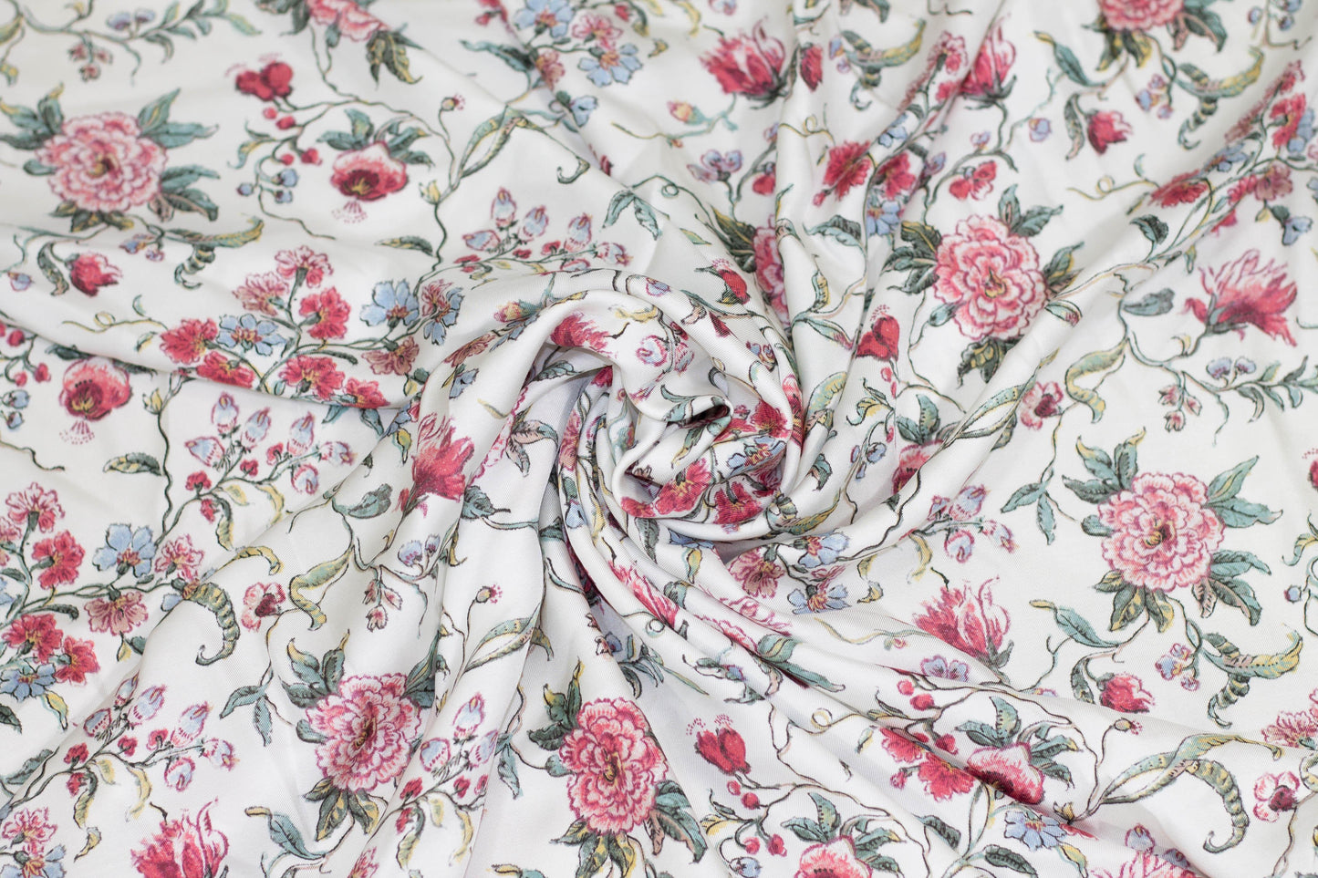Floral Silk Charmeuse - Red, Green, Blue, White - Prime Fabrics