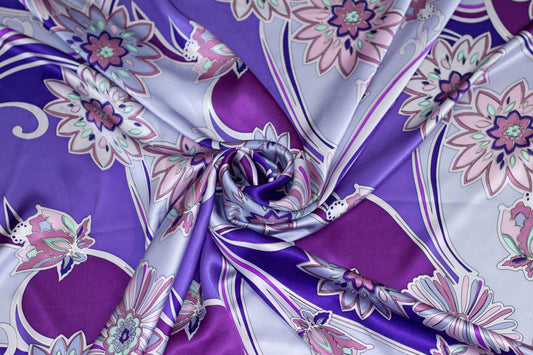 Purple Floral Abstract Silk Charmeuse - Prime Fabrics