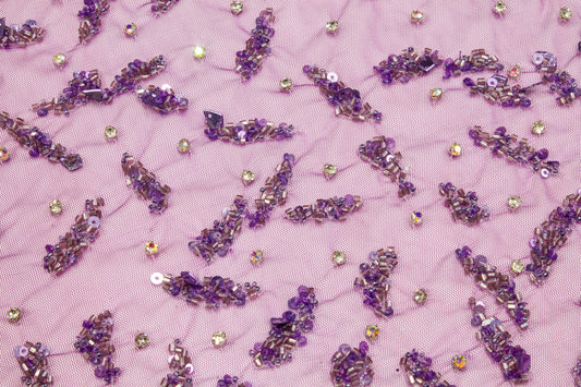 Hand Beaded and Sequined Mesh - Purple - Prime Fabrics