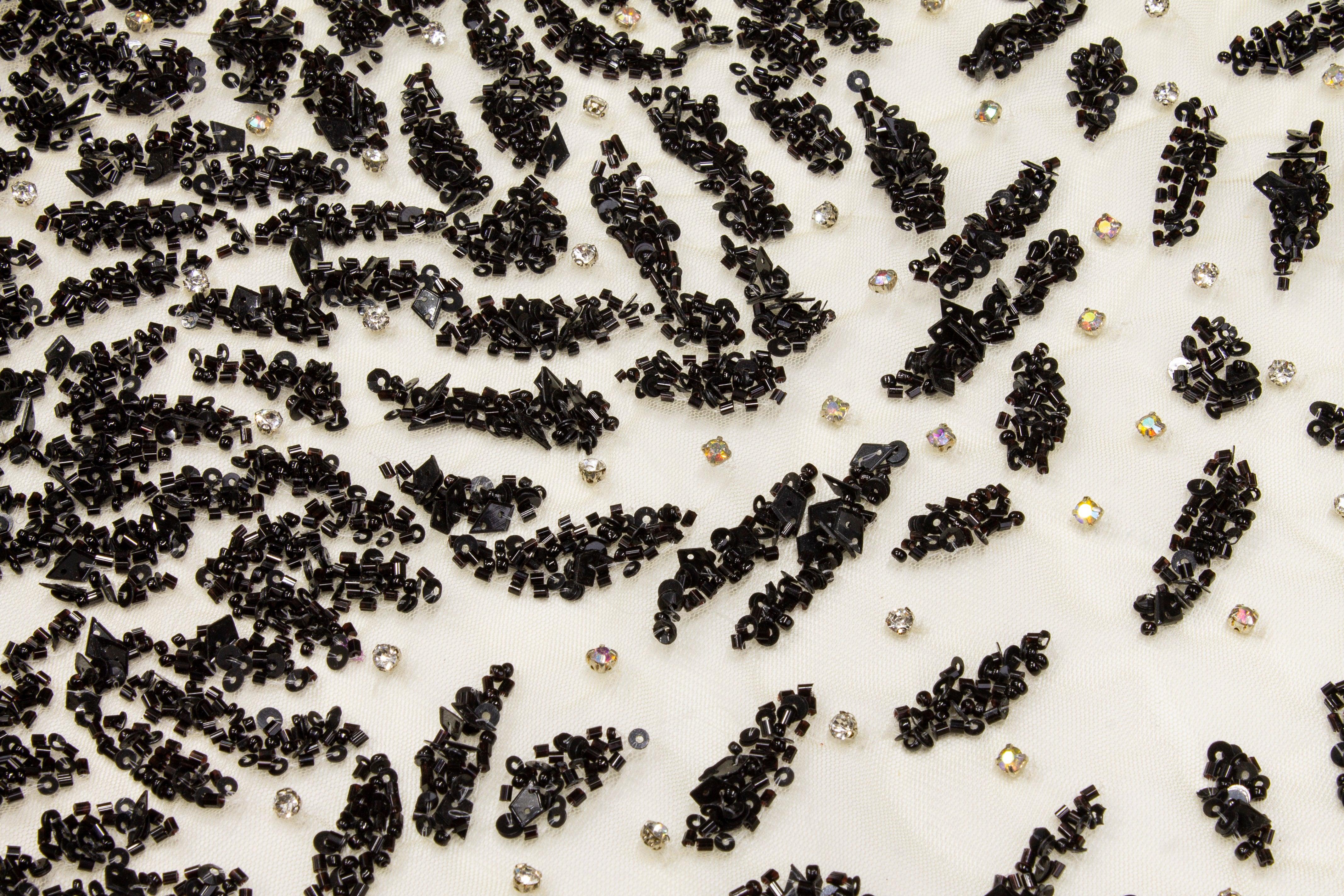 Hand Beaded and Sequined Mesh - Black and Beige - Prime Fabrics