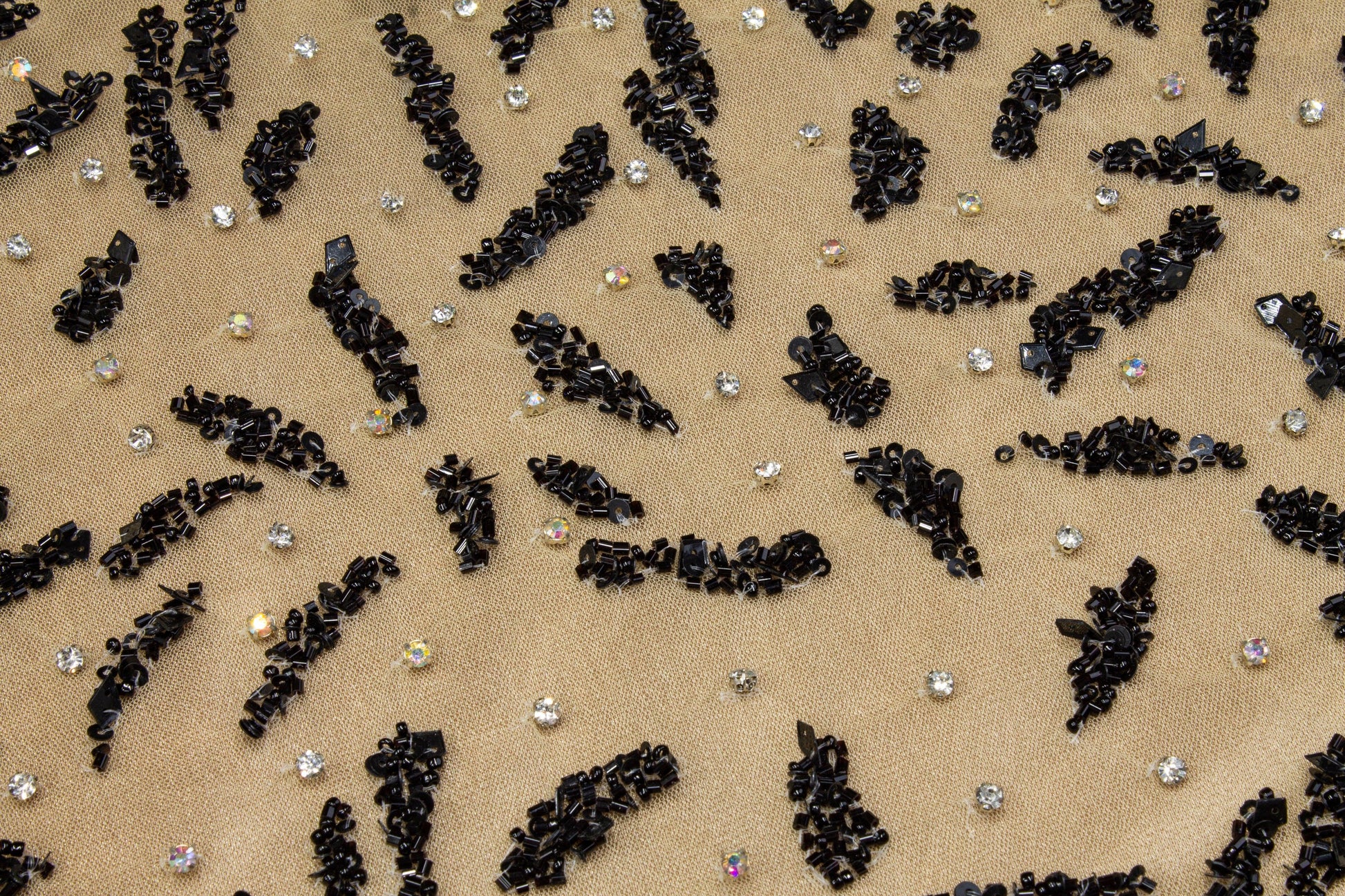 Hand Beaded and Sequined Mesh - Black and Beige - Prime Fabrics