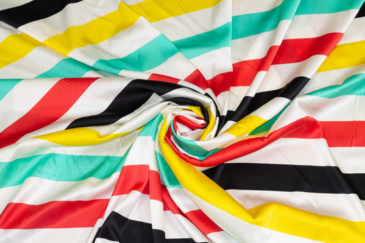 Multicolor Striped Silk Charmeuse - Red, Green, Yellow, Black, White - Prime Fabrics