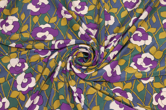 Purple, Brown, and Green Floral Crepe De Chine Silk - Prime Fabrics