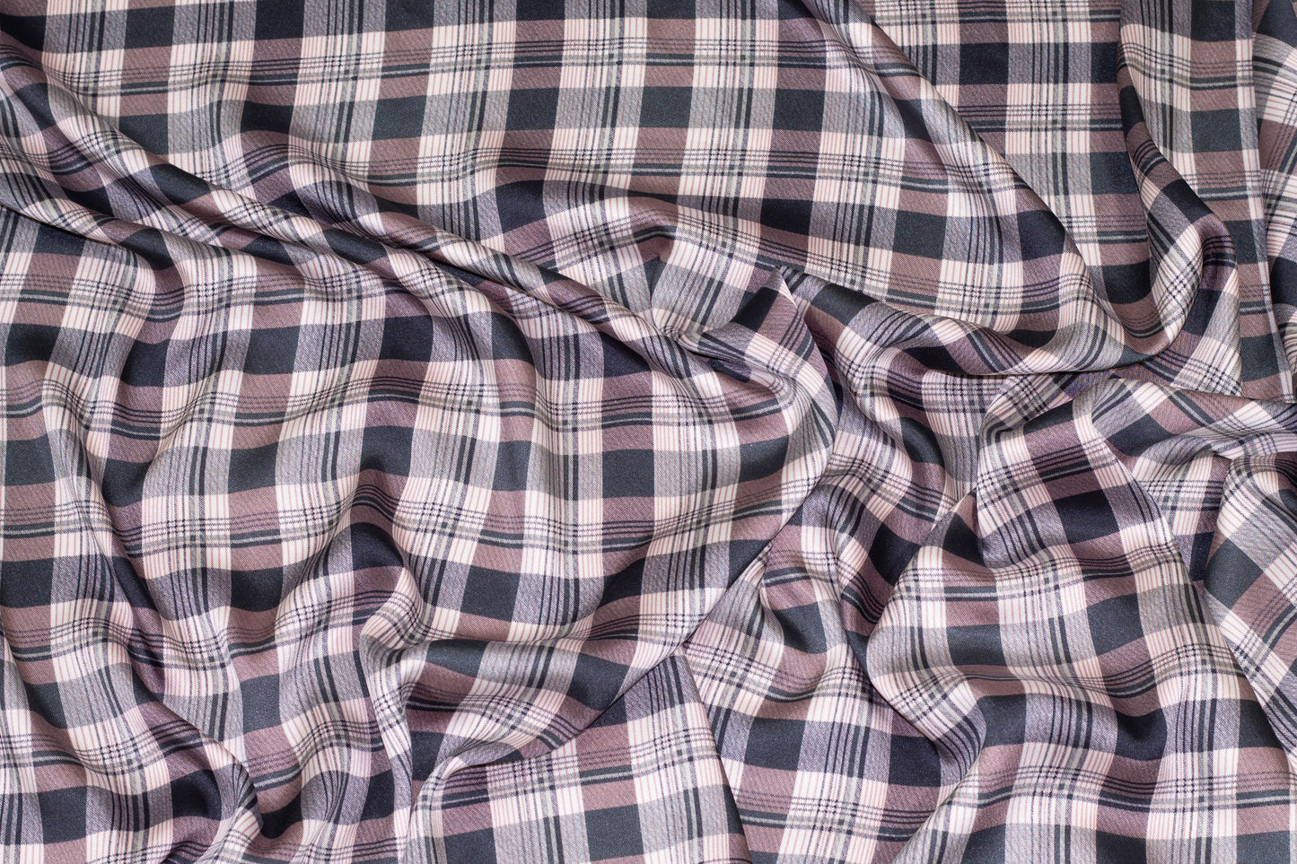 Blush and Gray Plaid Polyester Charmeuse - Prime Fabrics