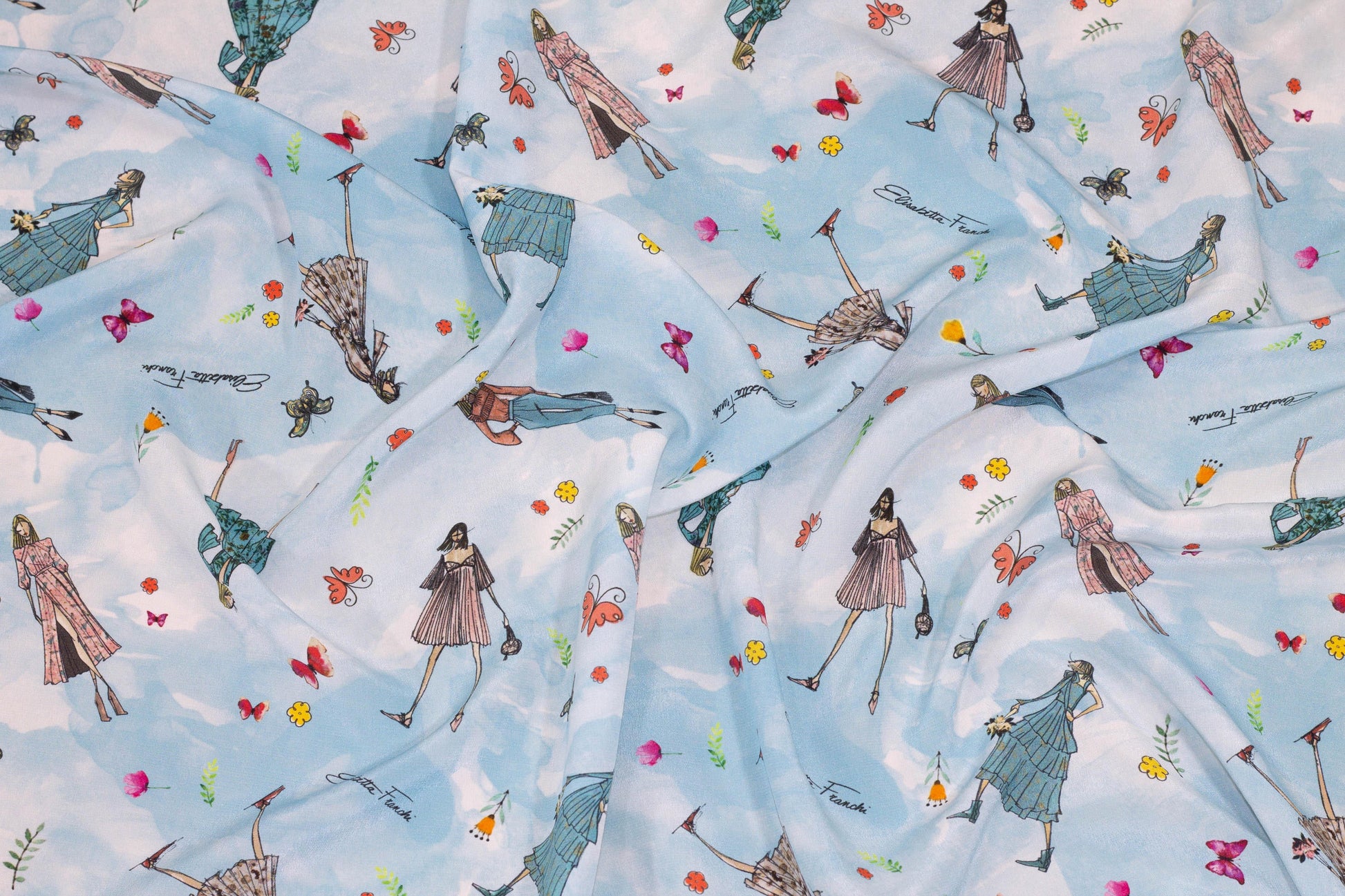Elisabetta Franchi - Sky Blue Tie-Dye Contemporary Italian Silk Crepe De Chine - Prime Fabrics