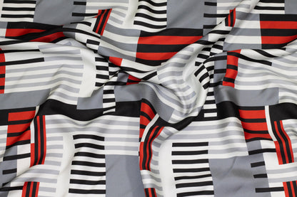 Red, Gray, Black, and White Geometric Italian Silk Charmeuse - Prime Fabrics