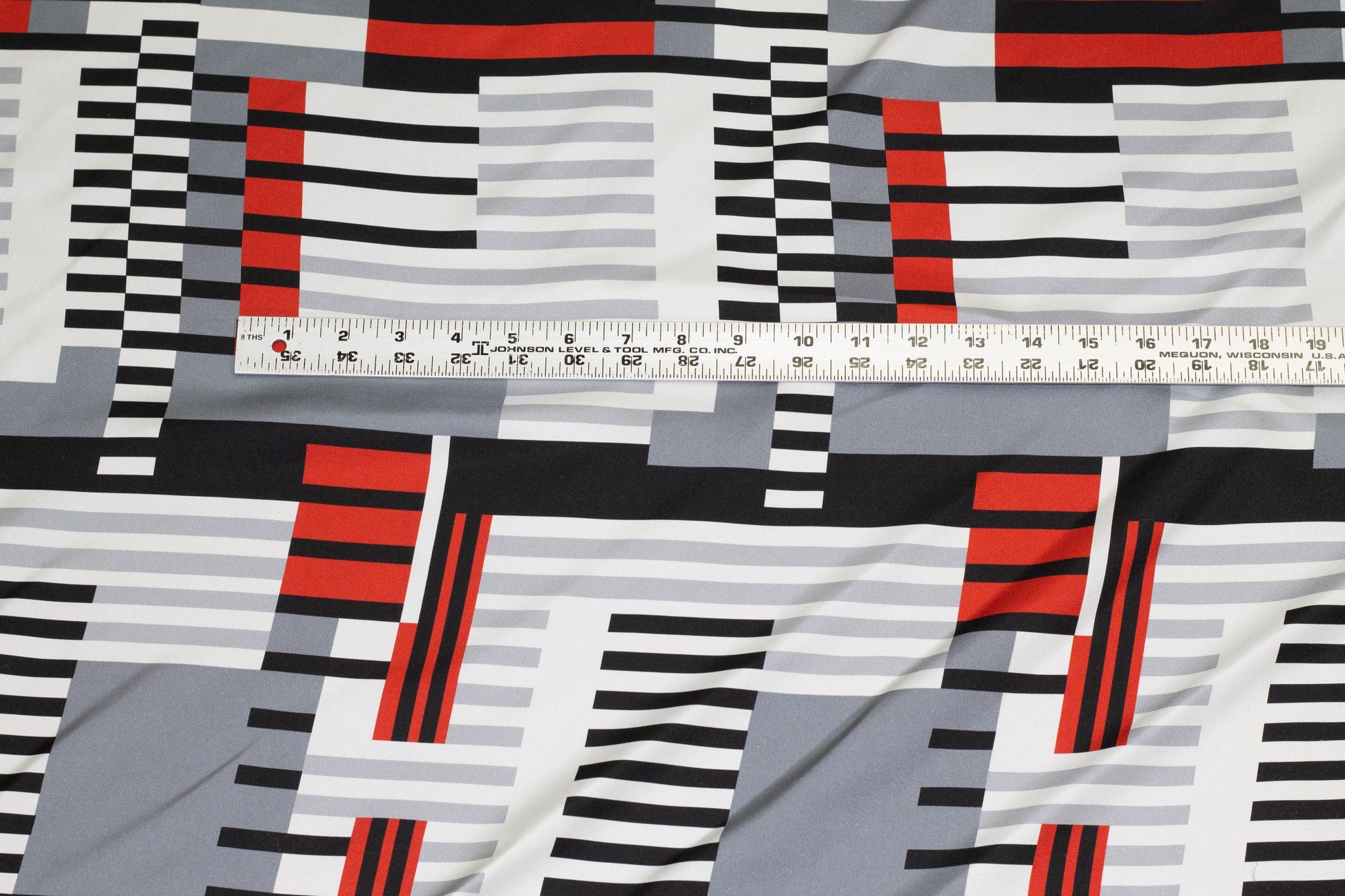 Red, Gray, Black, and White Geometric Italian Silk Charmeuse - Prime Fabrics