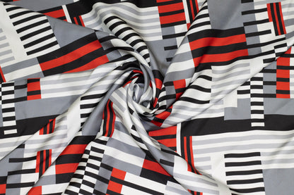 Red, Gray, Black, and White Geometric Italian Silk Charmeuse - Prime Fabrics