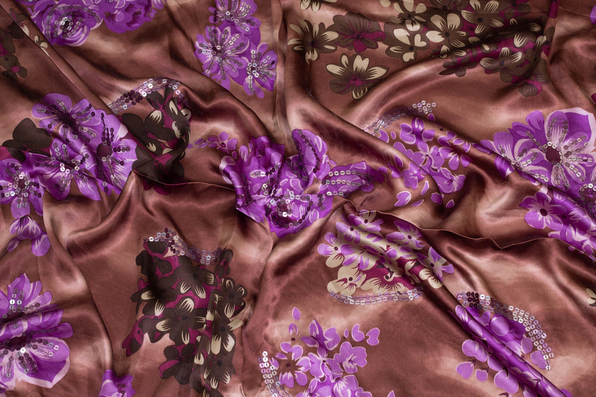 Brown and Purple Tie-Dye Floral Spangled Silk Charmeuse - Prime Fabrics