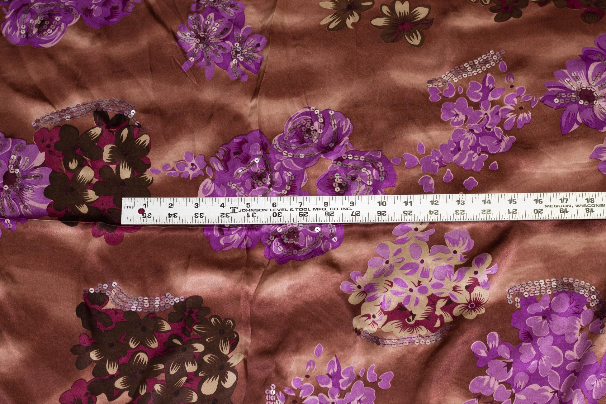Brown and Purple Tie-Dye Floral Spangled Silk Charmeuse - Prime Fabrics