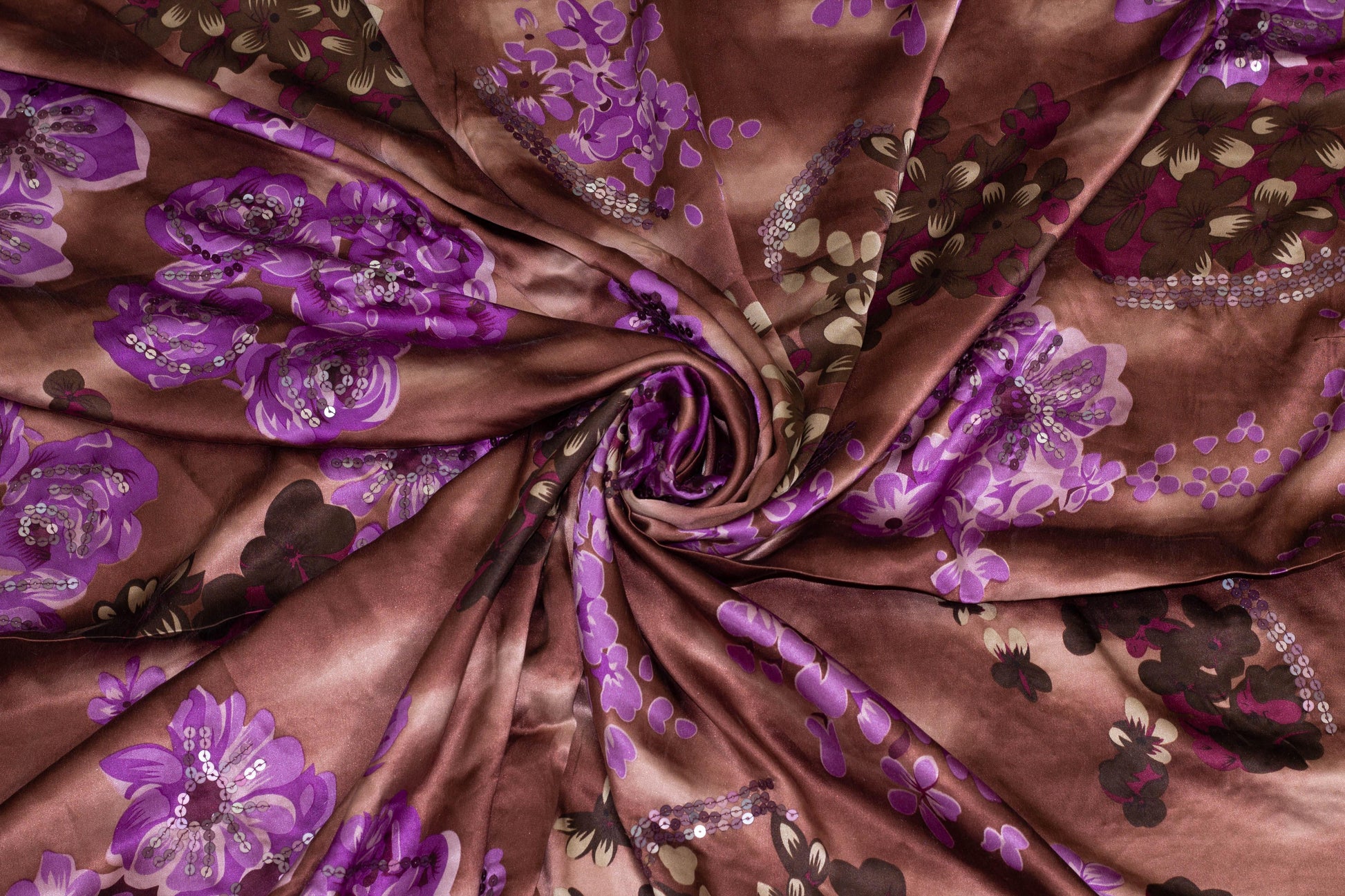Brown and Purple Tie-Dye Floral Spangled Silk Charmeuse - Prime Fabrics