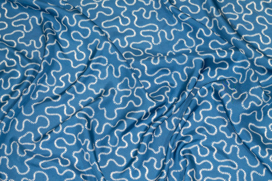 Blue and White Scroll Crepe De Chine Silk - Prime Fabrics