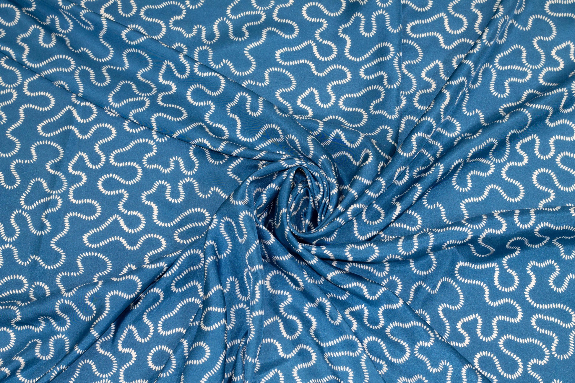 Blue and White Scroll Crepe De Chine Silk - Prime Fabrics