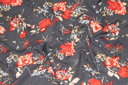 Gray, Red and Beige Floral Silk Georgette - Prime Fabrics