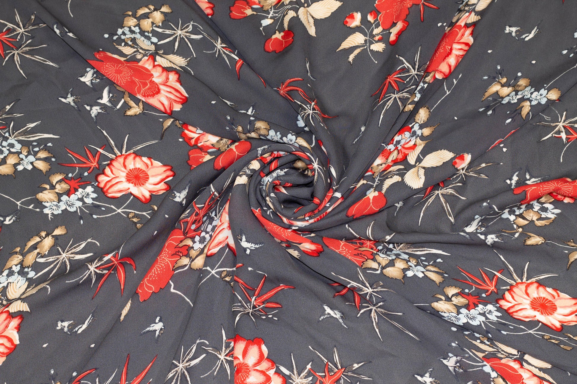 Gray, Red and Beige Floral Silk Georgette - Prime Fabrics