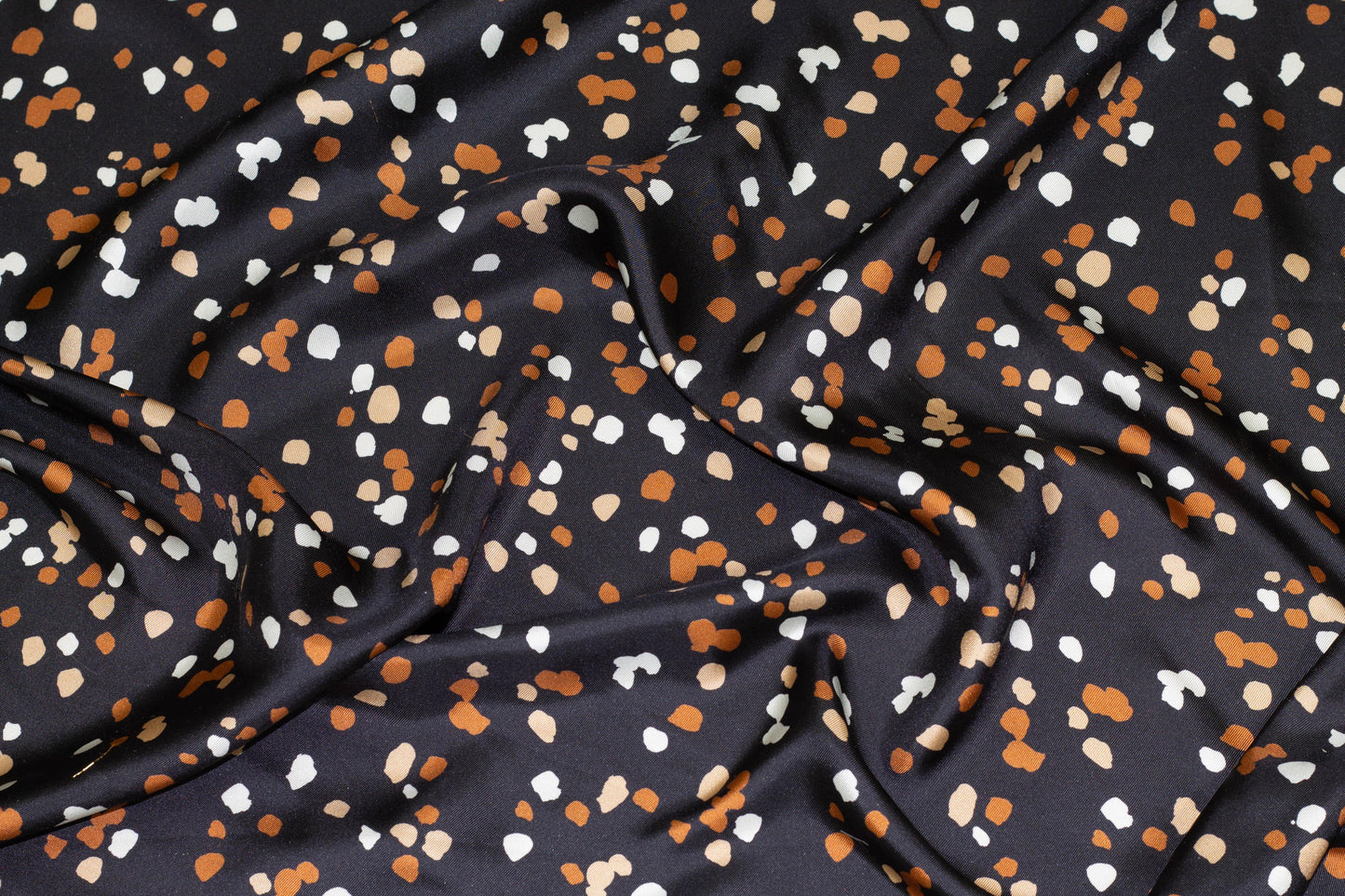 Orange, Beige, White, Black Splatter Silk Charmeuse - Prime Fabrics