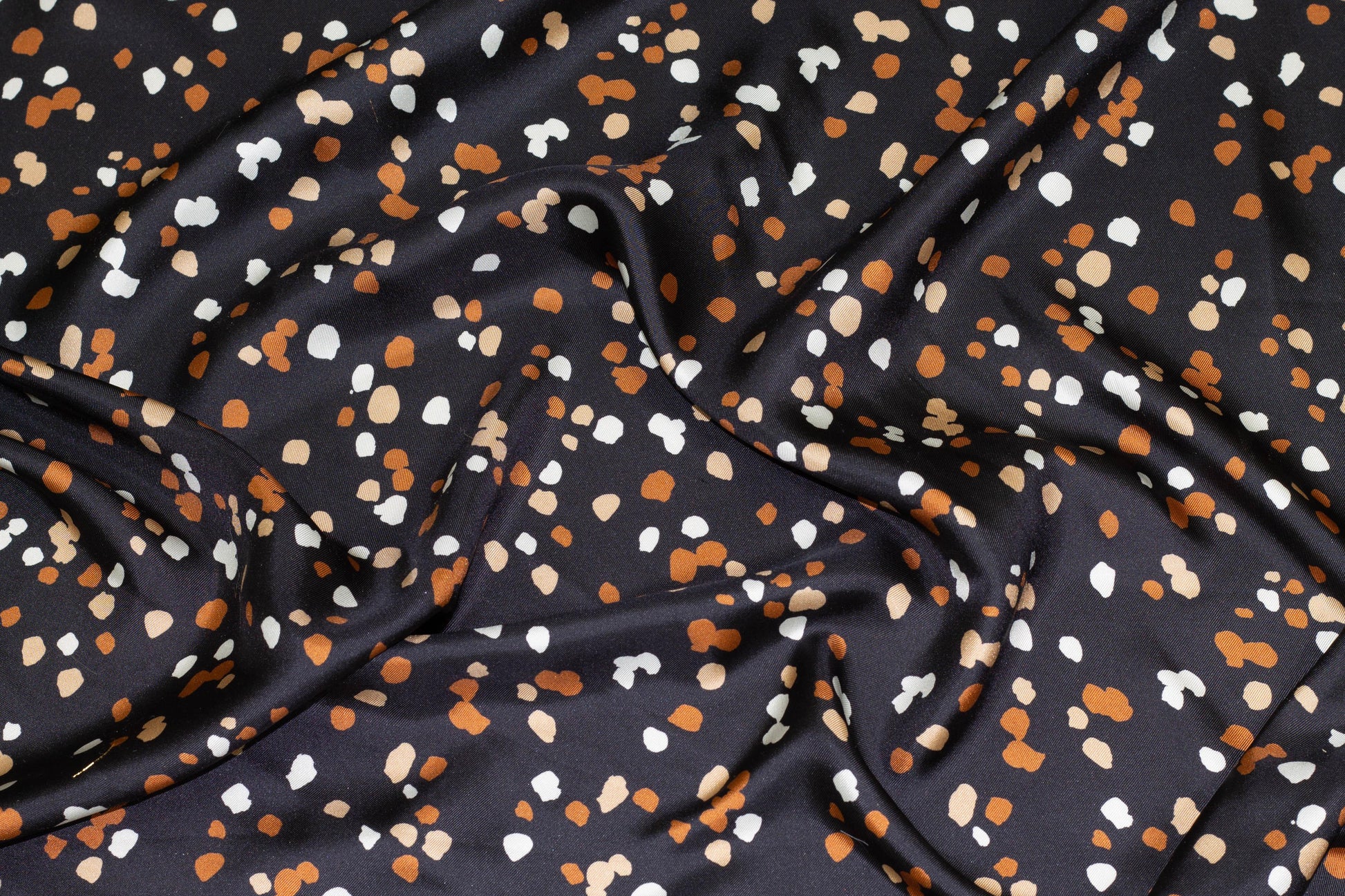 Orange, Beige, White, Black Splatter Silk Charmeuse - Prime Fabrics