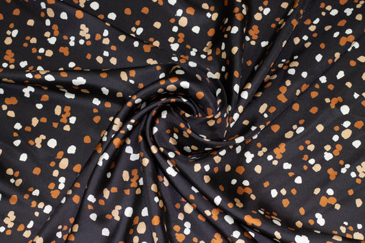 Orange, Beige, White, Black Splatter Silk Charmeuse - Prime Fabrics