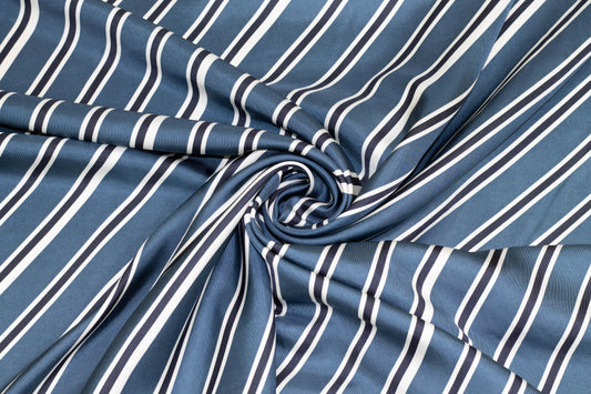 Blue, Black, and White Diagonal Striped Silk Charmeuse - Prime Fabrics