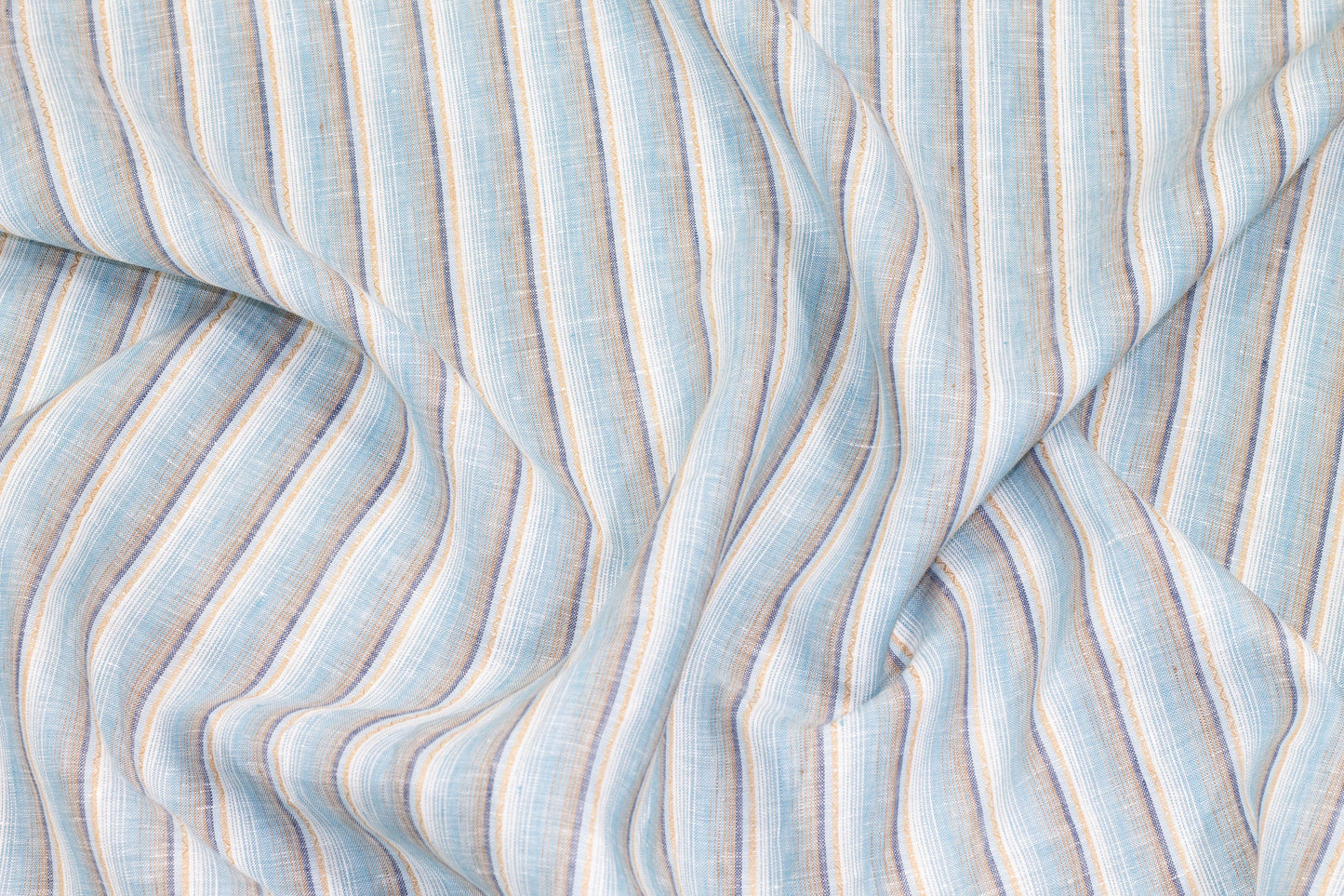 Sky Blue, Beige, and White Striped Italian Linen - Prime Fabrics