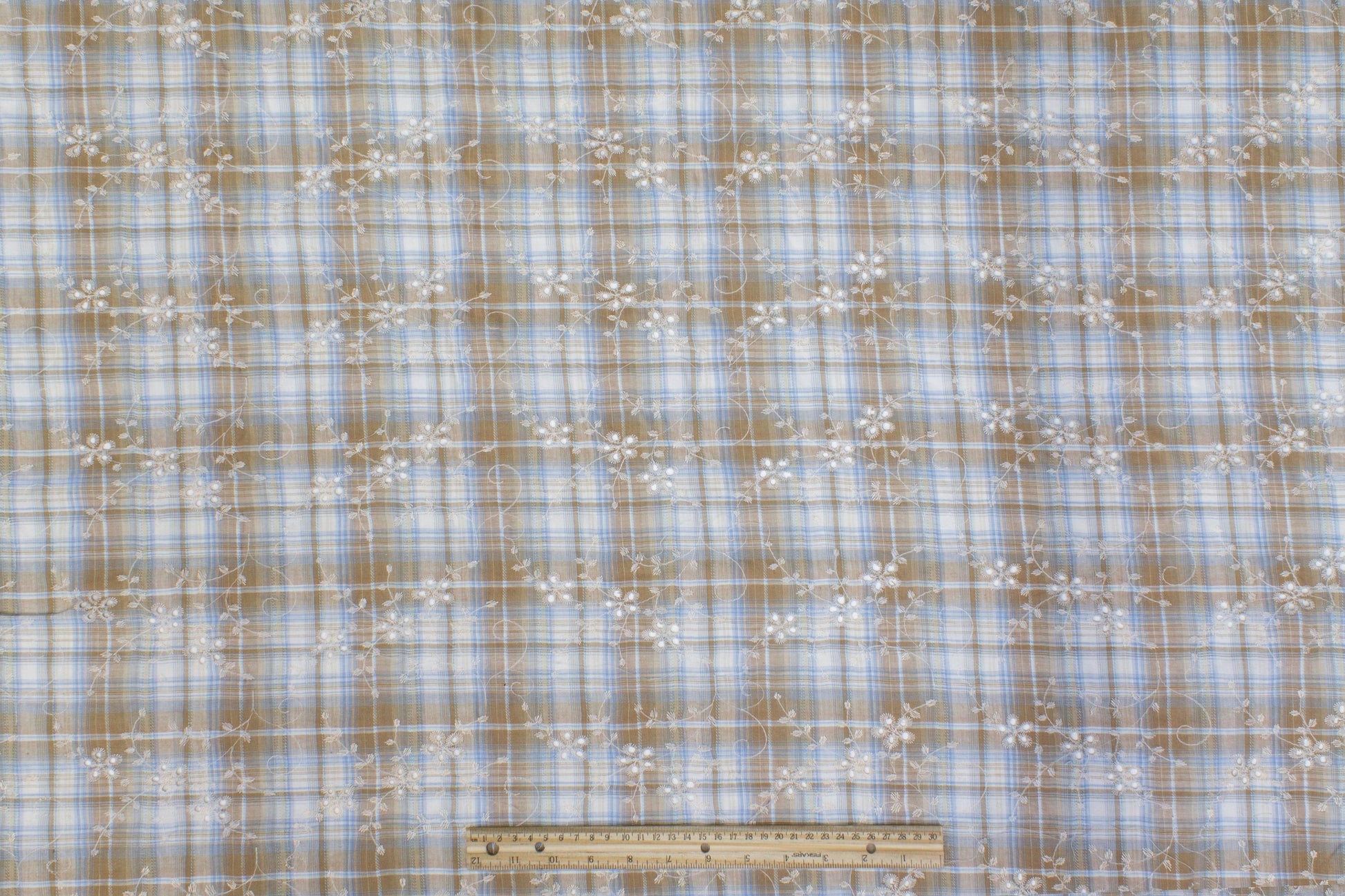 Embroidered Plaid Cotton Eyelet - Beige and Blue - Prime Fabrics